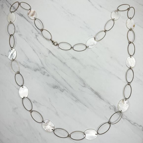 Mother of Pearl Gold Tone Hoop Long Necklace 56" Versatile - Picture 8 of 8